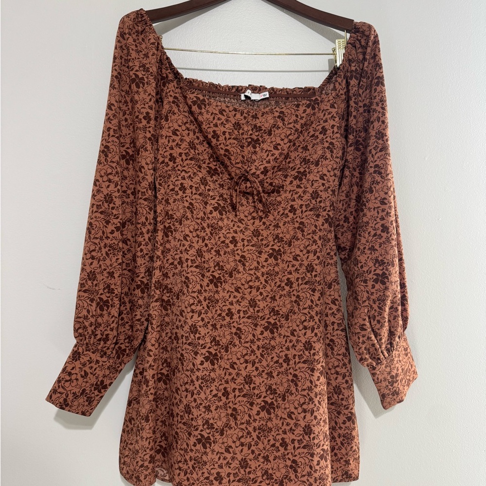 Lush Rust Floral Square‎ Neck Mini Dress medium Bow Long Sleeve Spring NWOT